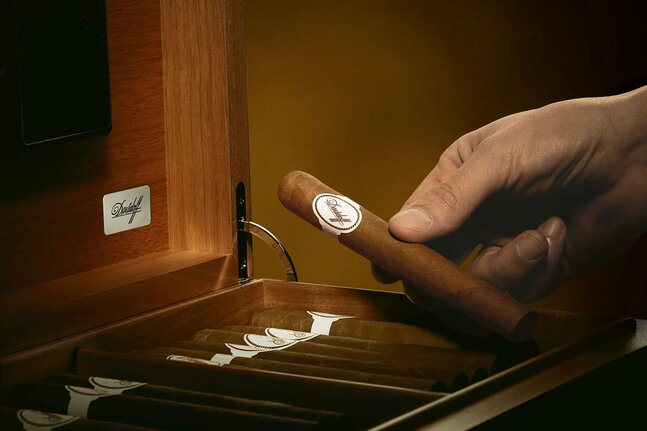 Close-up of a hand taking out one Davidoff White Band cigar out of an elegant wooden box.