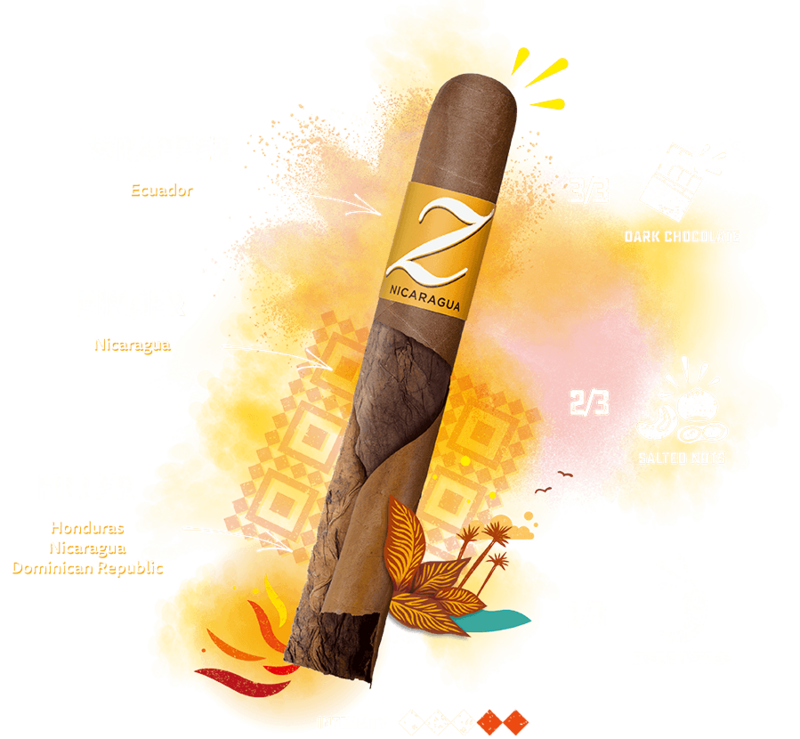 Taste banner of the pre-cut Zino Nicaragua Half Corona cigar with details about the tobacco blend, the main aromas, the enjoyment time and the intensity.