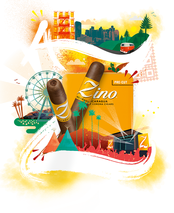 A photo of two pre-cut Zino Half Corona cigars placed in front of their yellow tin. The image is embedded in the eye-catching graphic of Zino Nicaragua, which displays a small A which is connected to a bigger Z with some entertaining graphics depicting an adventurous lifestyle around.