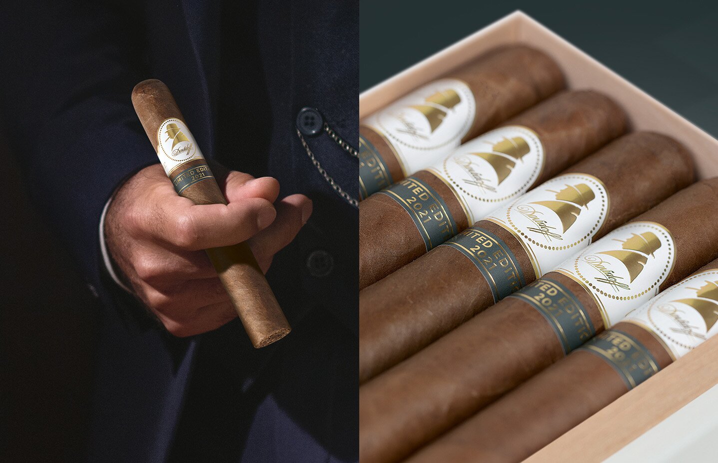 View of Winston Churchill Limited Edition 2021 cigar in an opened box from the side. 