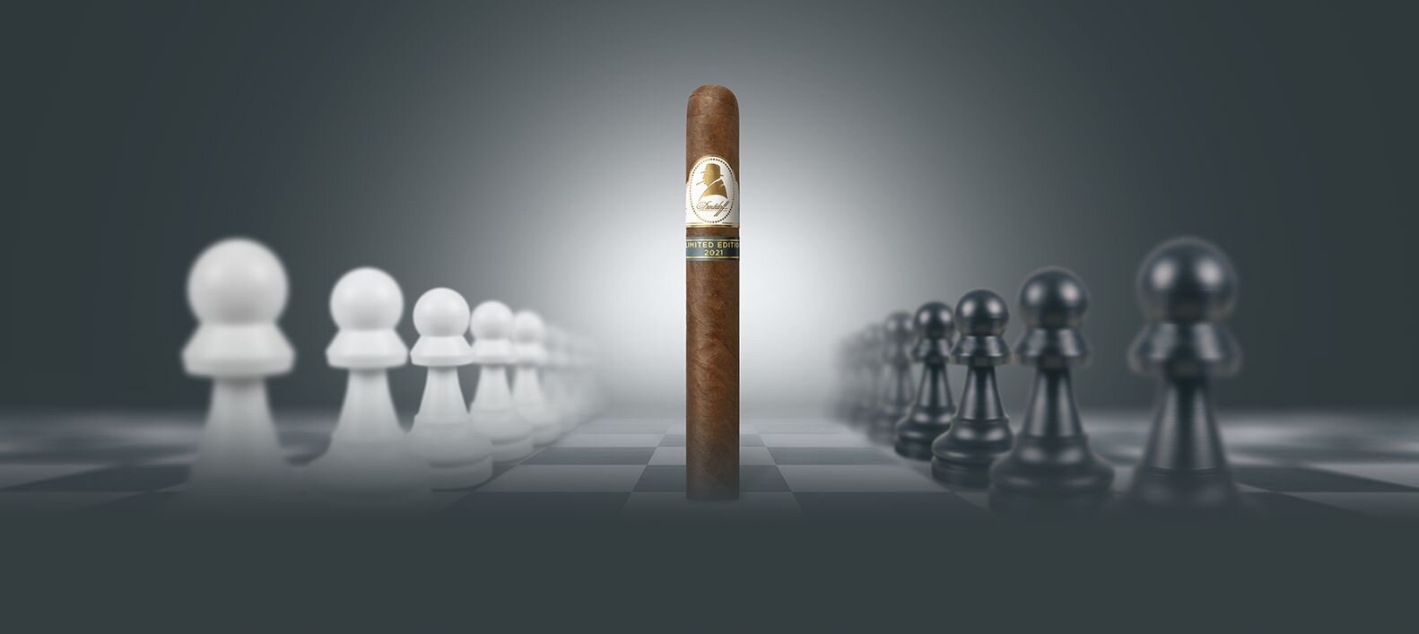 Winston Churchill Limited Edition 2021 Cigar photographed from the front on a chessboard.