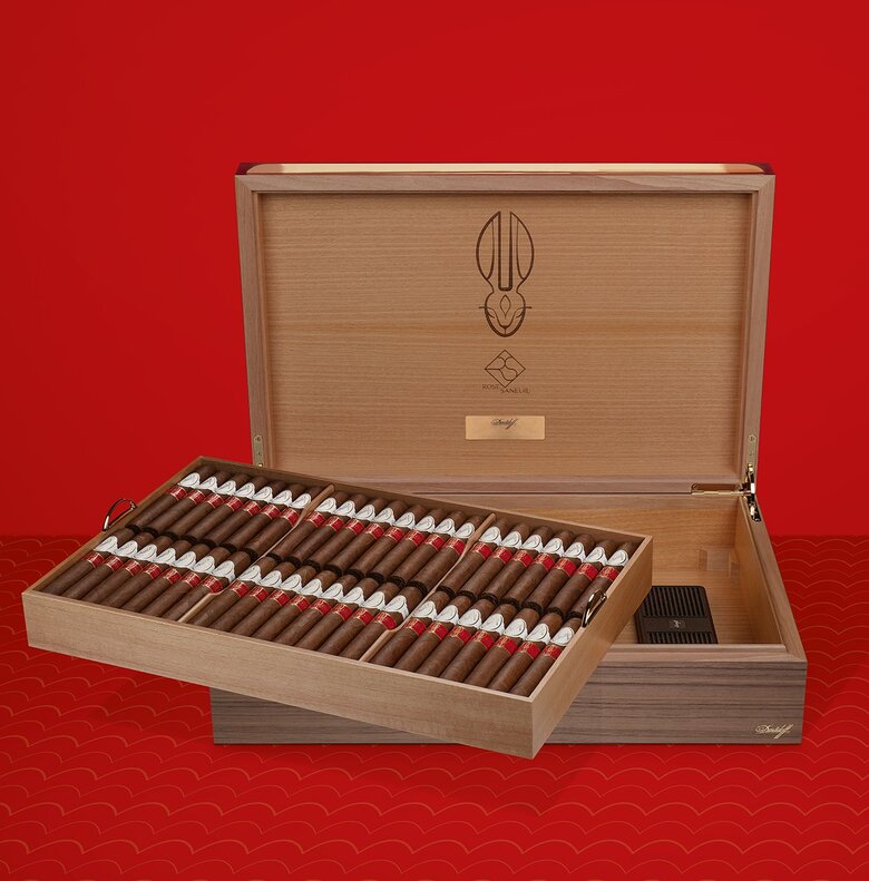 Opened Davidoff Year of the Rabbit Limited Edition 2023 Masterpiece humidor with 88 gran toro cigars in its removable basket.