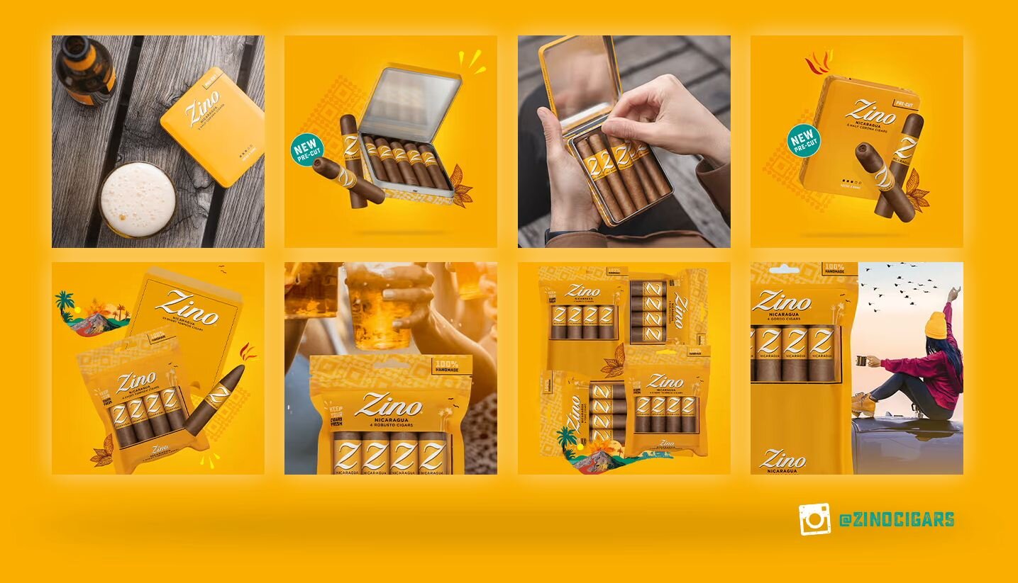 Live Life from A to Zino – Zino Nicaragua cigar with volcano, palms, and tobacco leaves.