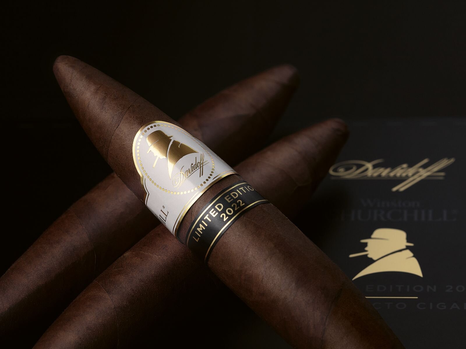 Close-up of the Davidoff Winston Churchill Limited Edition 2022 perfecto cigar. 