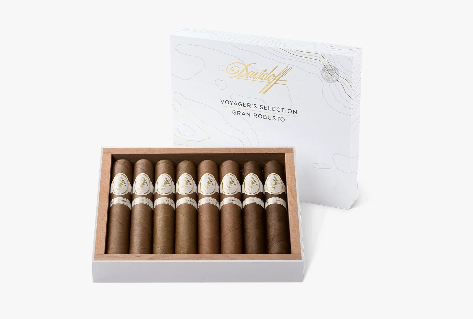 A wooden box filled with Davidoff Gran Robusto cigars, accompanied by an elegant white outer box with gold accents.