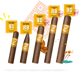 A display of Zino Nicaragua cigars with ratings: Half Corona (91), Robusto (90), Short Torpedo (89), Toro (89), Gordo (90) points.