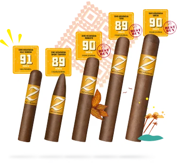 A display of Zino Nicaragua cigars with ratings: Half Corona (91), Robusto (90), Short Torpedo (89), Toro (89), Gordo (90) points.