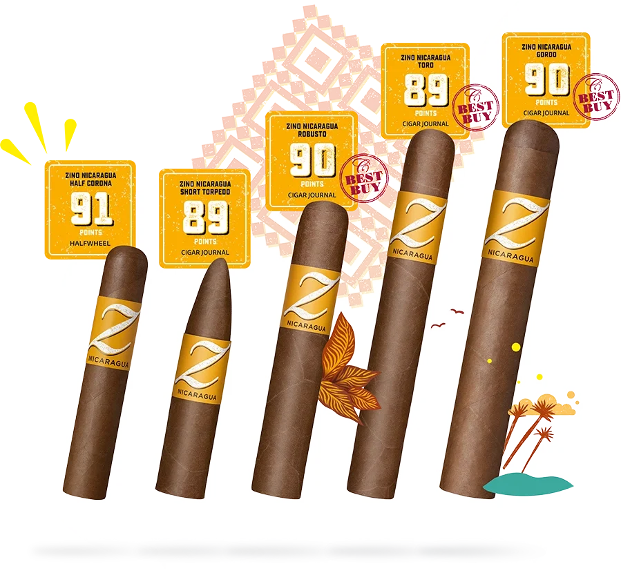 A display of Zino Nicaragua cigars with ratings: Half Corona (91), Robusto (90), Short Torpedo (89), Toro (89), Gordo (90) points.