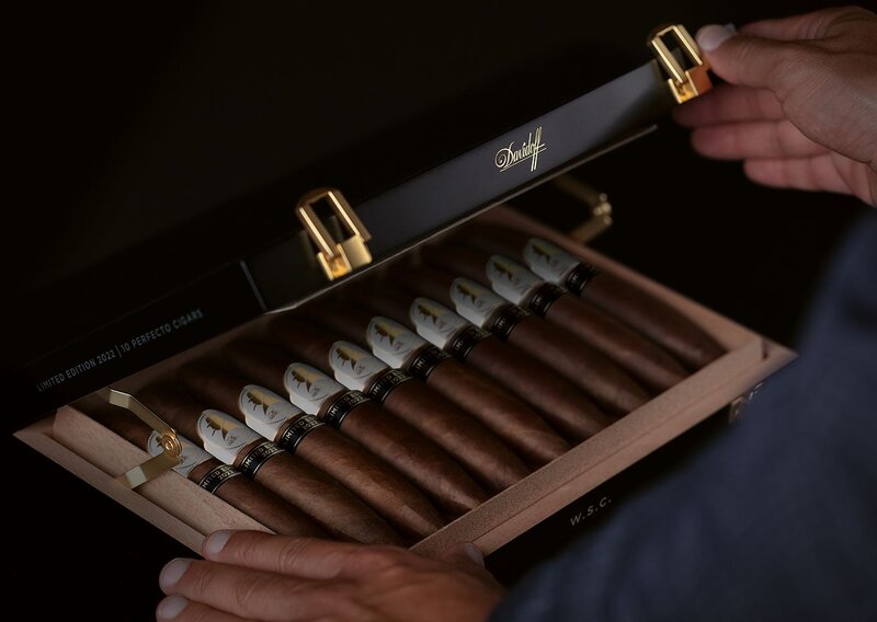 Ten Davidoff Winston Churchill Limited Edition 2022 perfecto cigars in opened box.