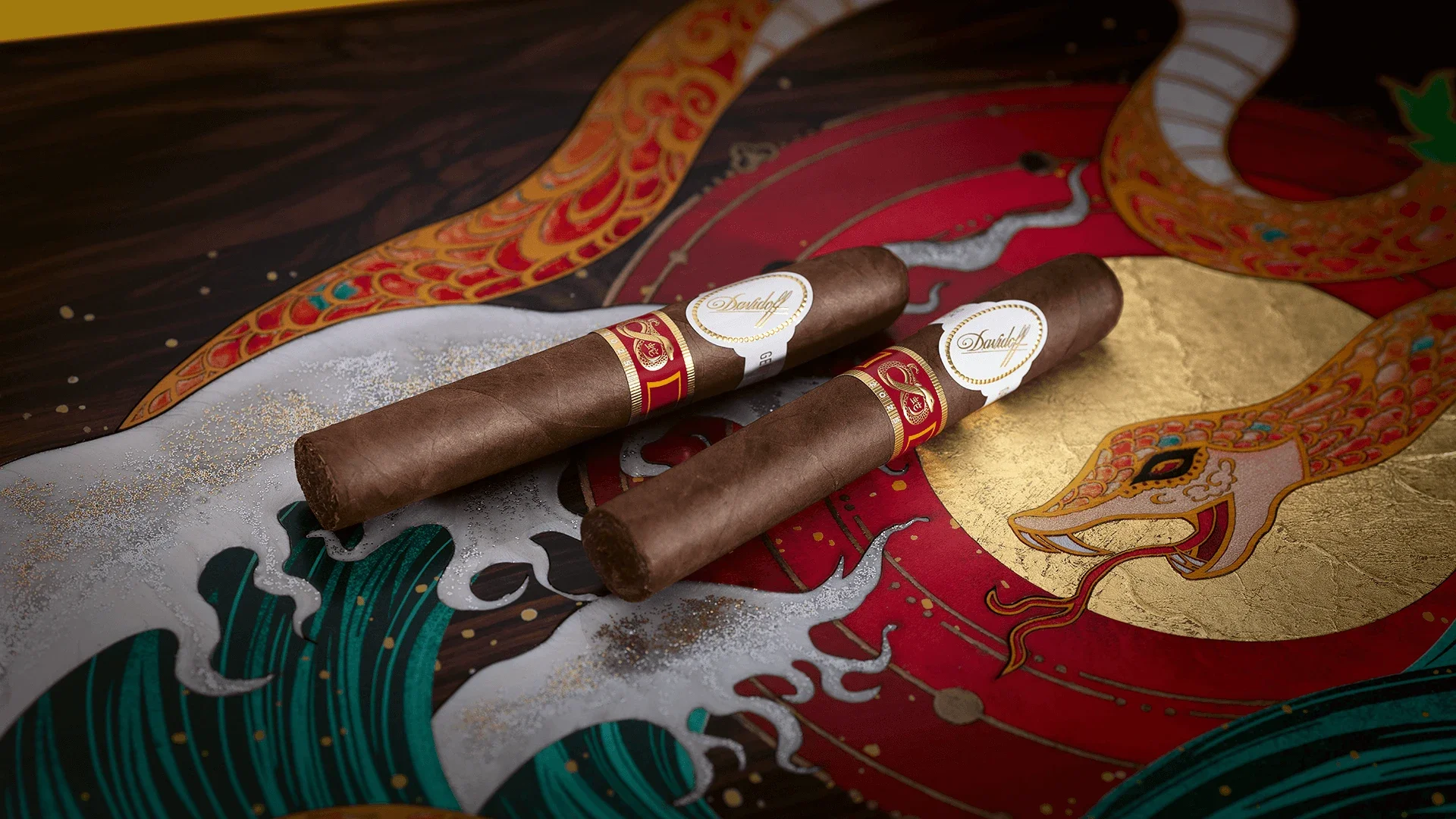 Davidoff Year of the Snake cigars on top of the Masterpiece Humidor