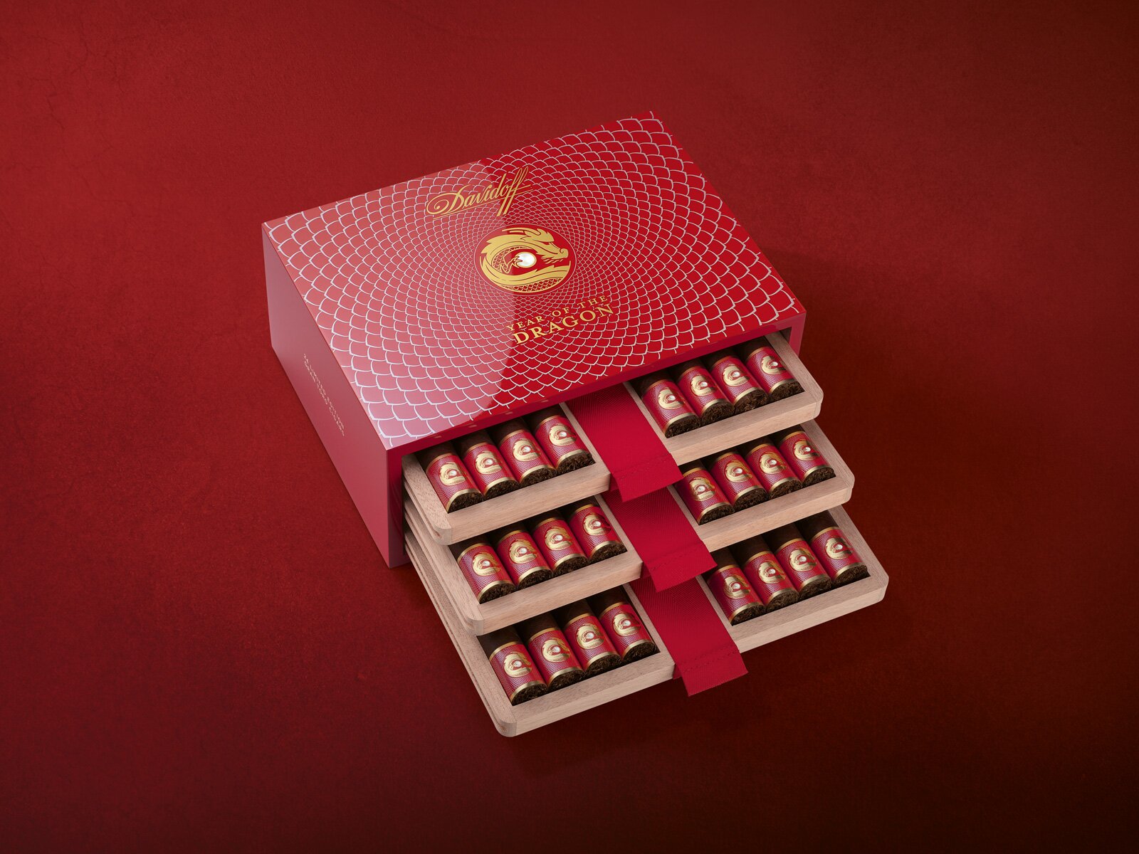The Davidoff Year of the Dragon Flagship Exclusive Gran Toro cigars in their opened box.
