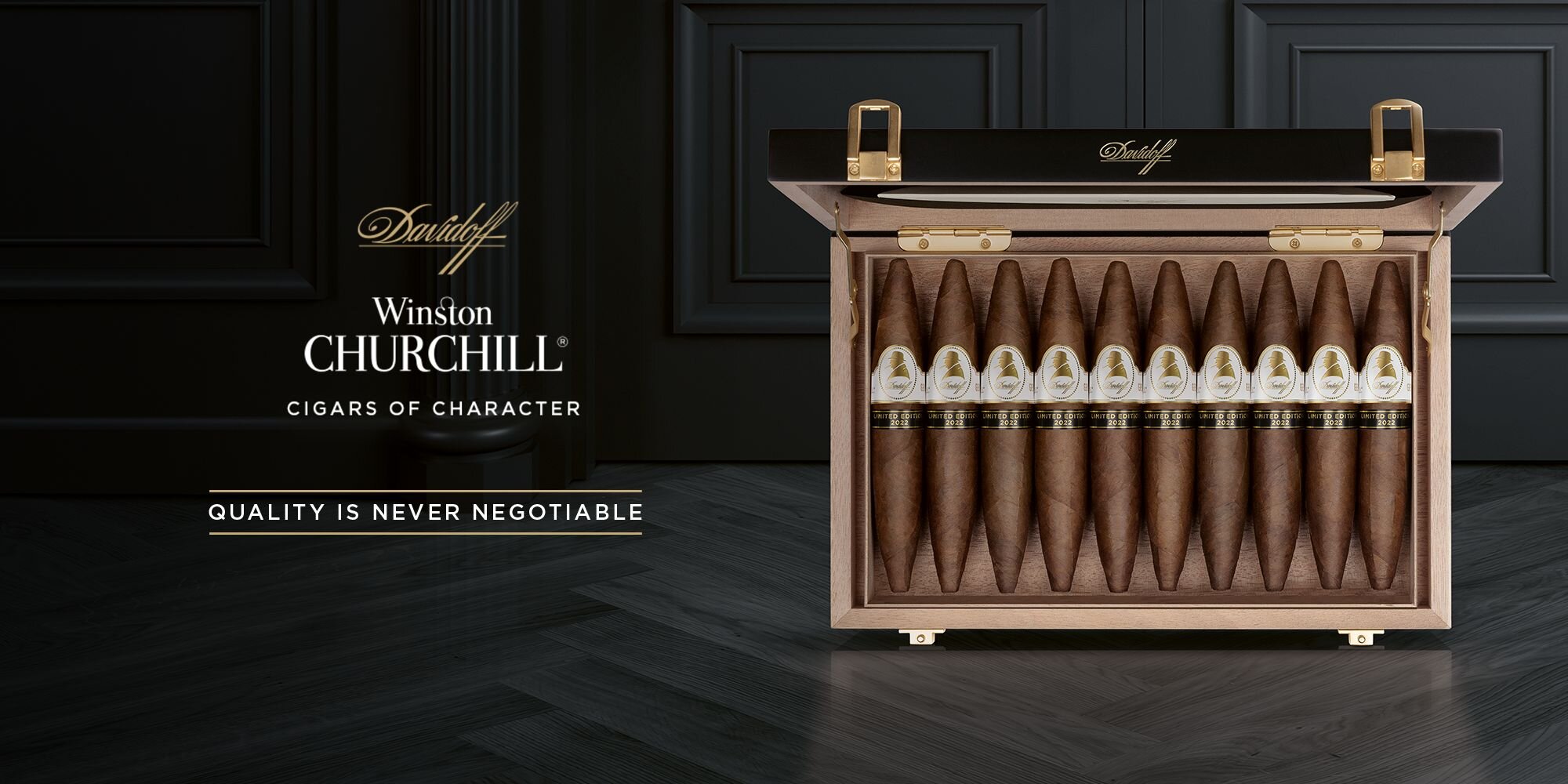 Davidoff Winston Churchill Limited Edition 2022 banner with ten perfecto cigars in their opened box.