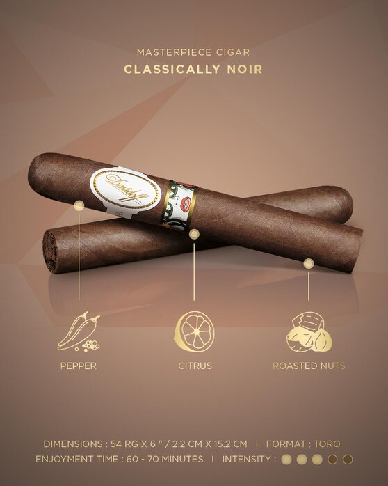 Two cigars which come with the Davidoff & Boyarde Masterpiece Humidor Classically Noir with blend details displayed, such as main aromas, enjoyment time and intensity.