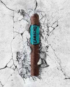 A Camacho Equador cigar emerges from cracked concrete, exuding a sense of strength and boldness with its distinctive orange band.
