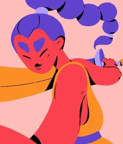 Colorful artwork of a fierce woman wielding a sword, demonstrating imaginative illustration techniques taught on Skillshare.