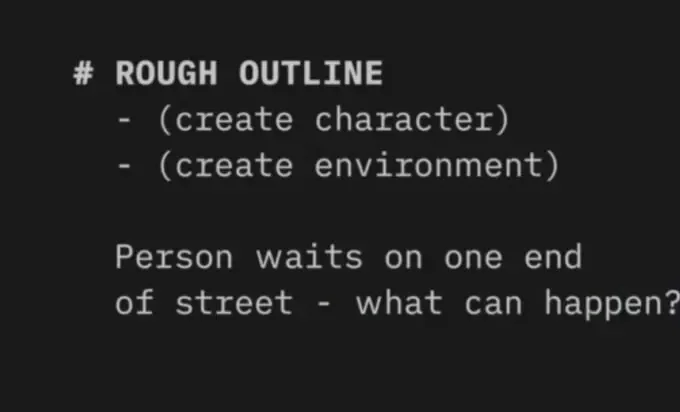 Black screen displaying the text "rough outline" in a simple, bold font.
