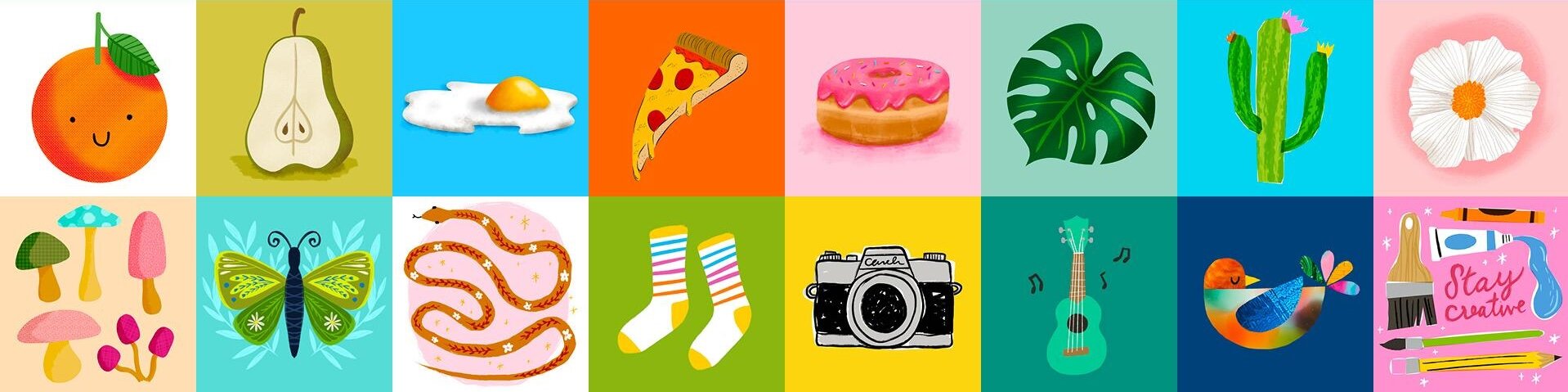 Vibrant Procreate digital illustrations of plants, animals, food, and more—examples from a Skillshare illustration class.