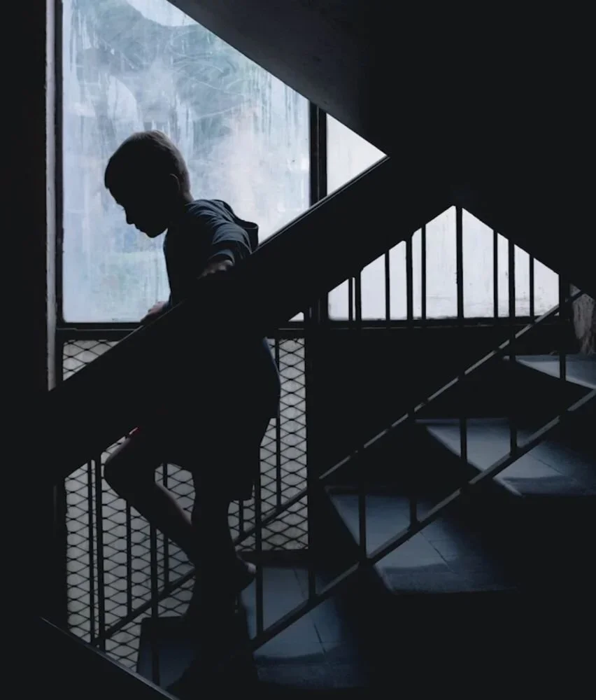 A silhouette of a child standing on a staircase, highlighting their form against a light background.