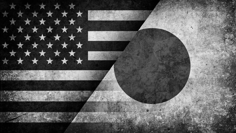 black and white image usa and japan flags