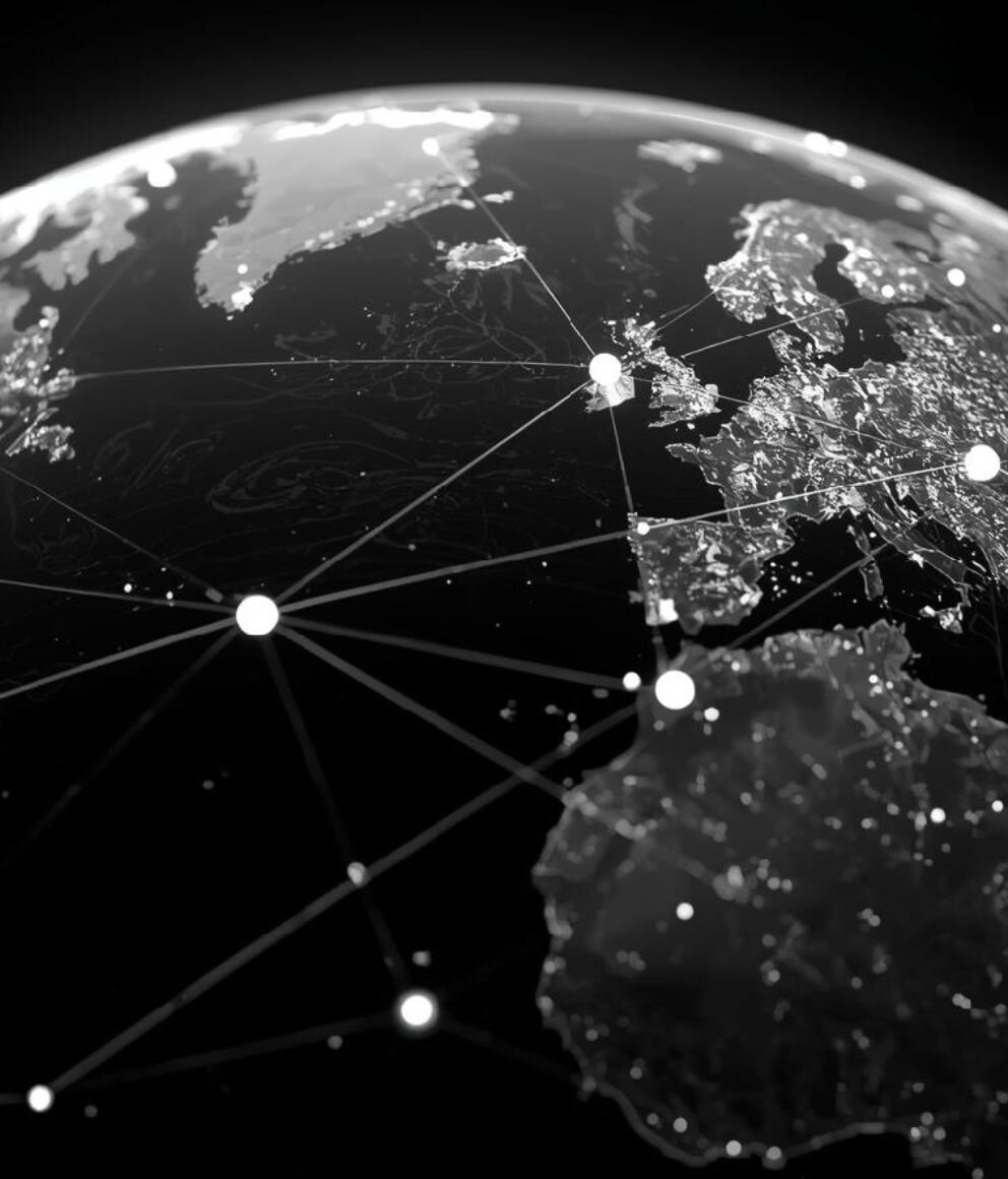 black and white map of the globe