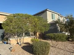 Trimmed hedges and cleared landscaping at a townhouse
