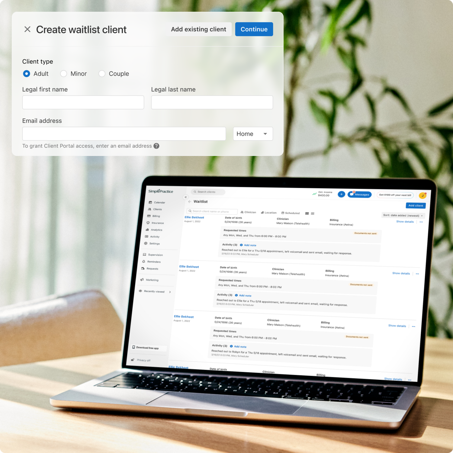 Client waitlist feature in SimplePractice, displayed on a laptop