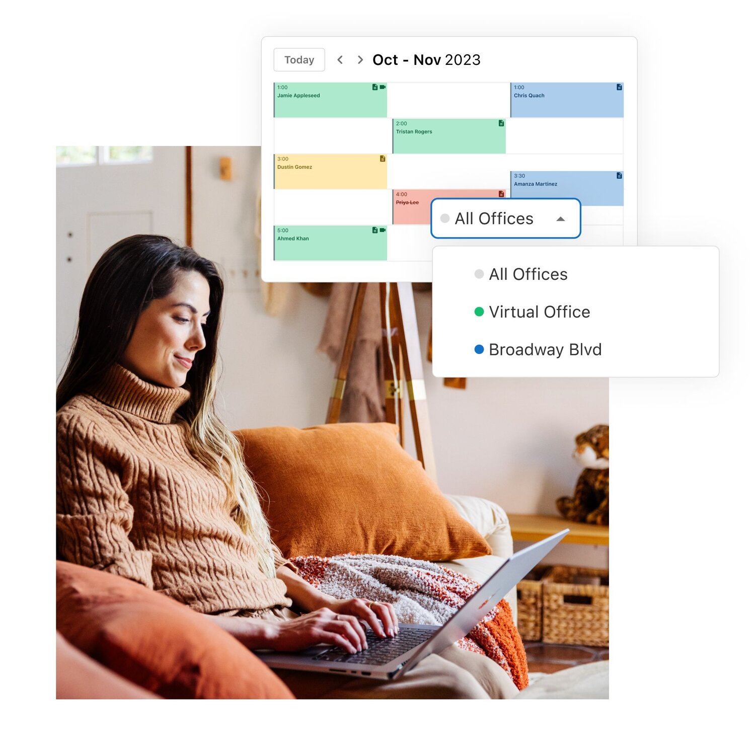 Image of clinician using SimplePractice on a laptop, overlaid with graphic of advanced calendar features