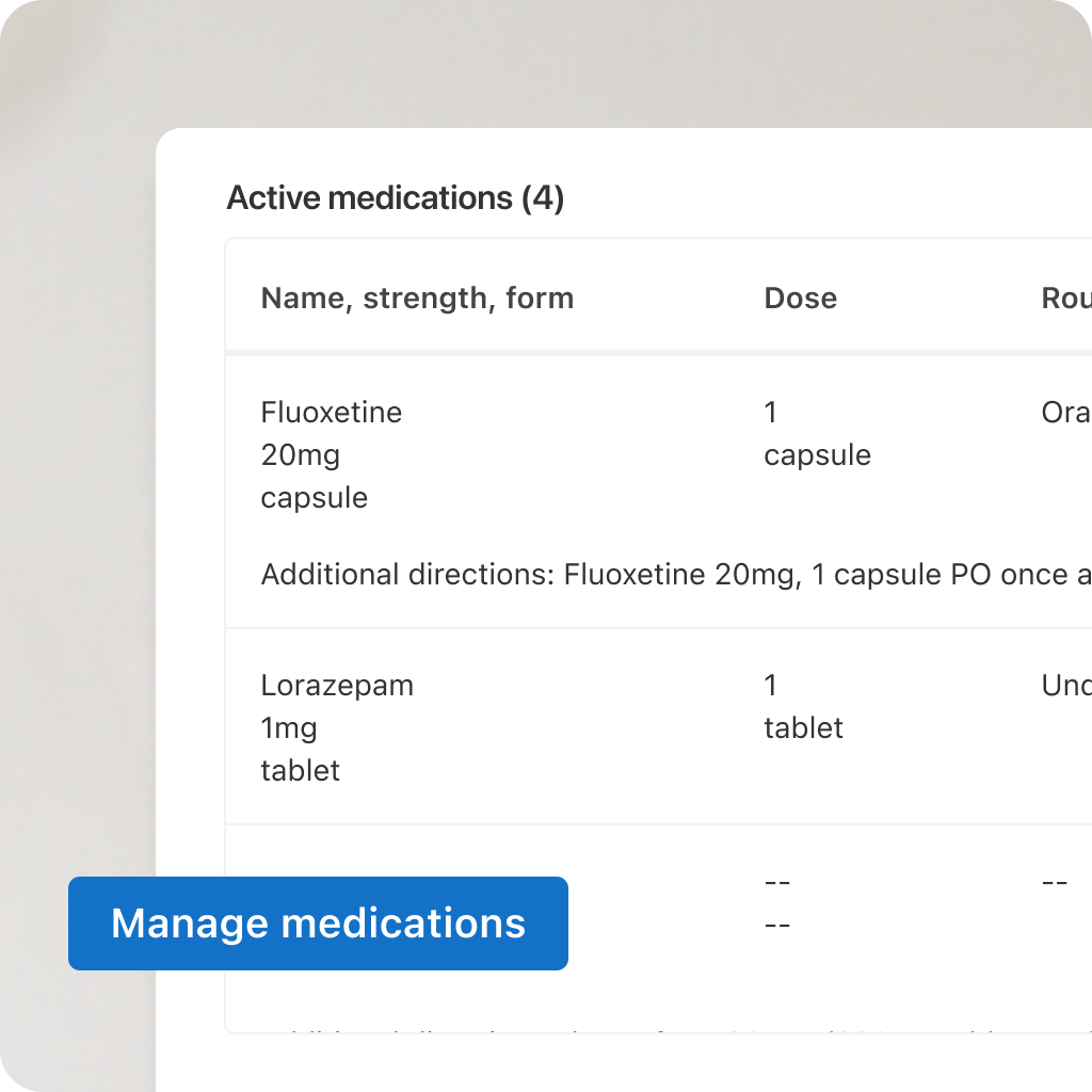 ePrescribe feature in SimplePractice that shows a "Manage medications" button