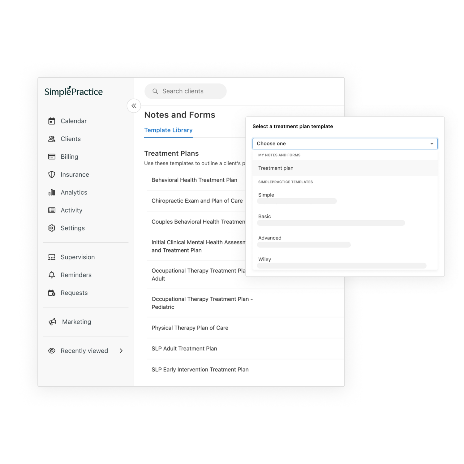 Screenshot of template library in SimplePractice