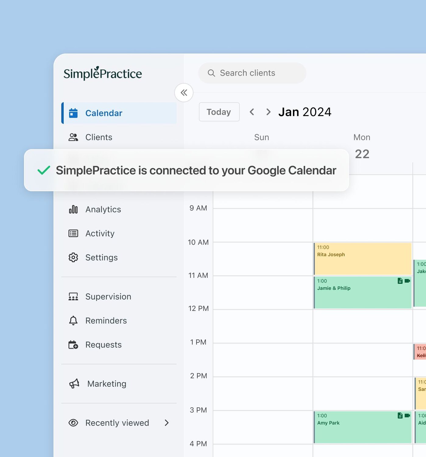 Calendar in SimplePractice showing connection to Google Calendar
