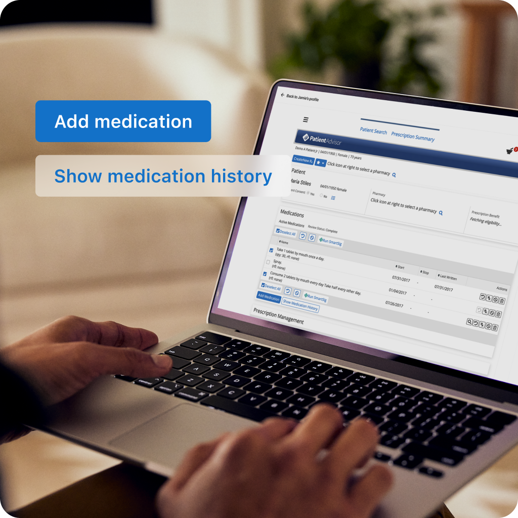 Image of person using SimplePractice's ePrescribe feature on a laptop, with a graphic overlay saying "Add medication" and "Show medication history"