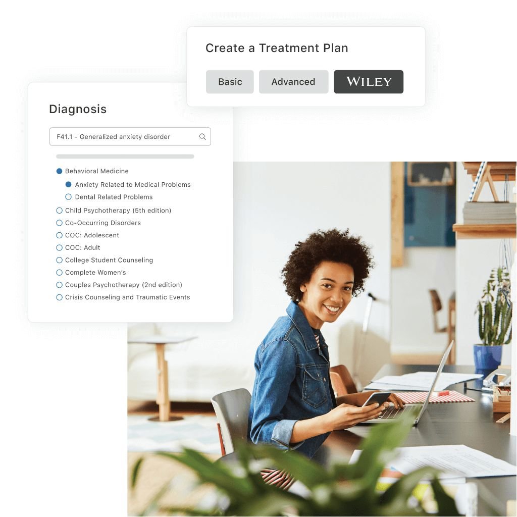 image of practitioner with an overlay of using wiley treatment planners