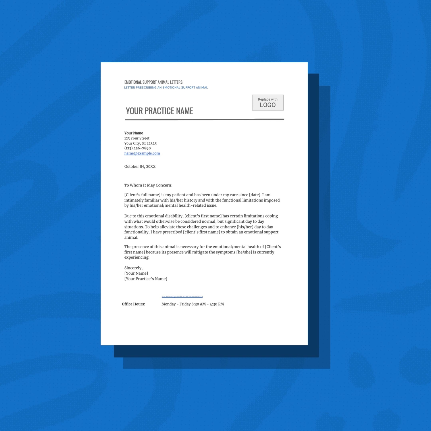 SimplePractice esa letter template graphic with blue background