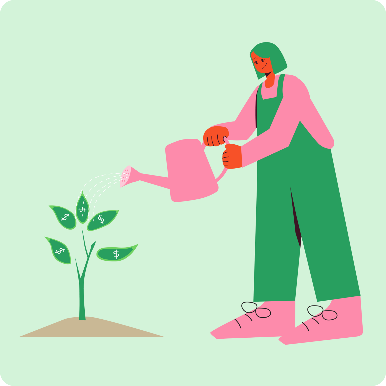 illustration of person using a watering can on a tree with dollar signs on the leaves