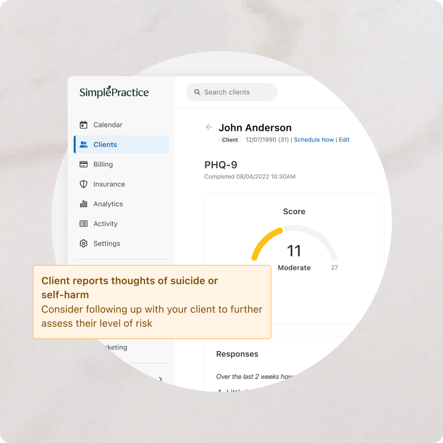 Graphic of high-risk response in SimplePractice software that reads "Client reports thoughts of suicide or self-harm, consider following up with your client to further assess their level of risk"