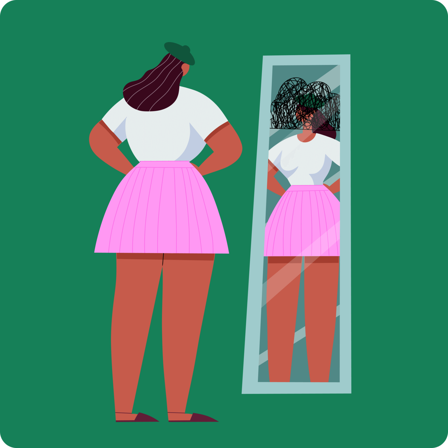 illustration of woman looking into a mirror at her body image using body image worksheets