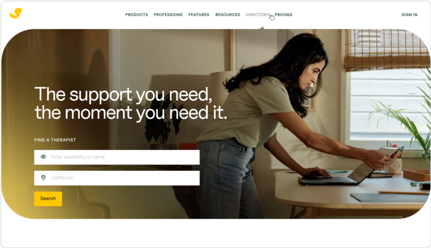 example screenshot of simplepractice website stating "The support you need, the moment you need it."