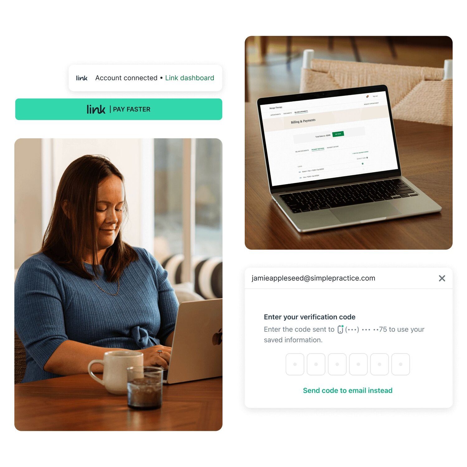 Graphic of a woman using Link in SimplePractice