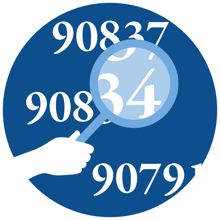 A graphic of a magnifying glass looking at commonly used CPT® codes for behavioral health