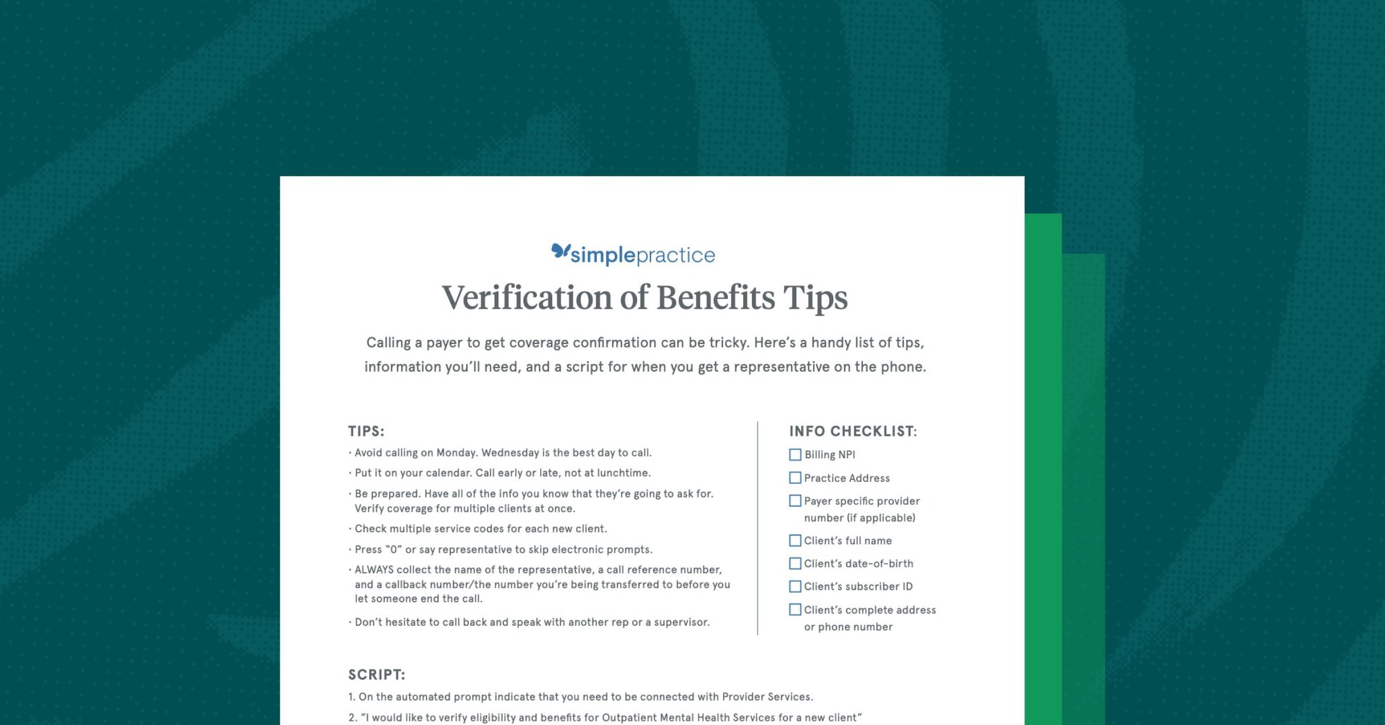 Graphic of the SimplePractice Verification of Benefits Tips document