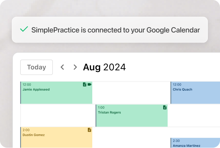 Calendar feature in SimplePractice showing that it is connected to Google Calendar