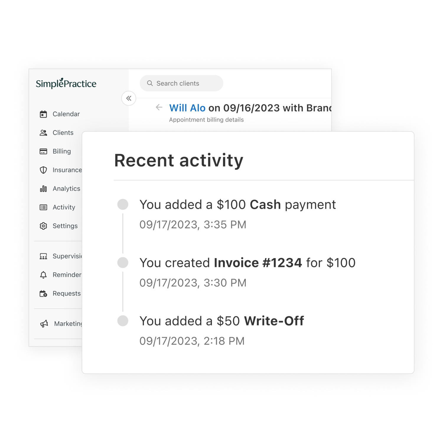 Graphic of Recent Activity log in SimplePractice