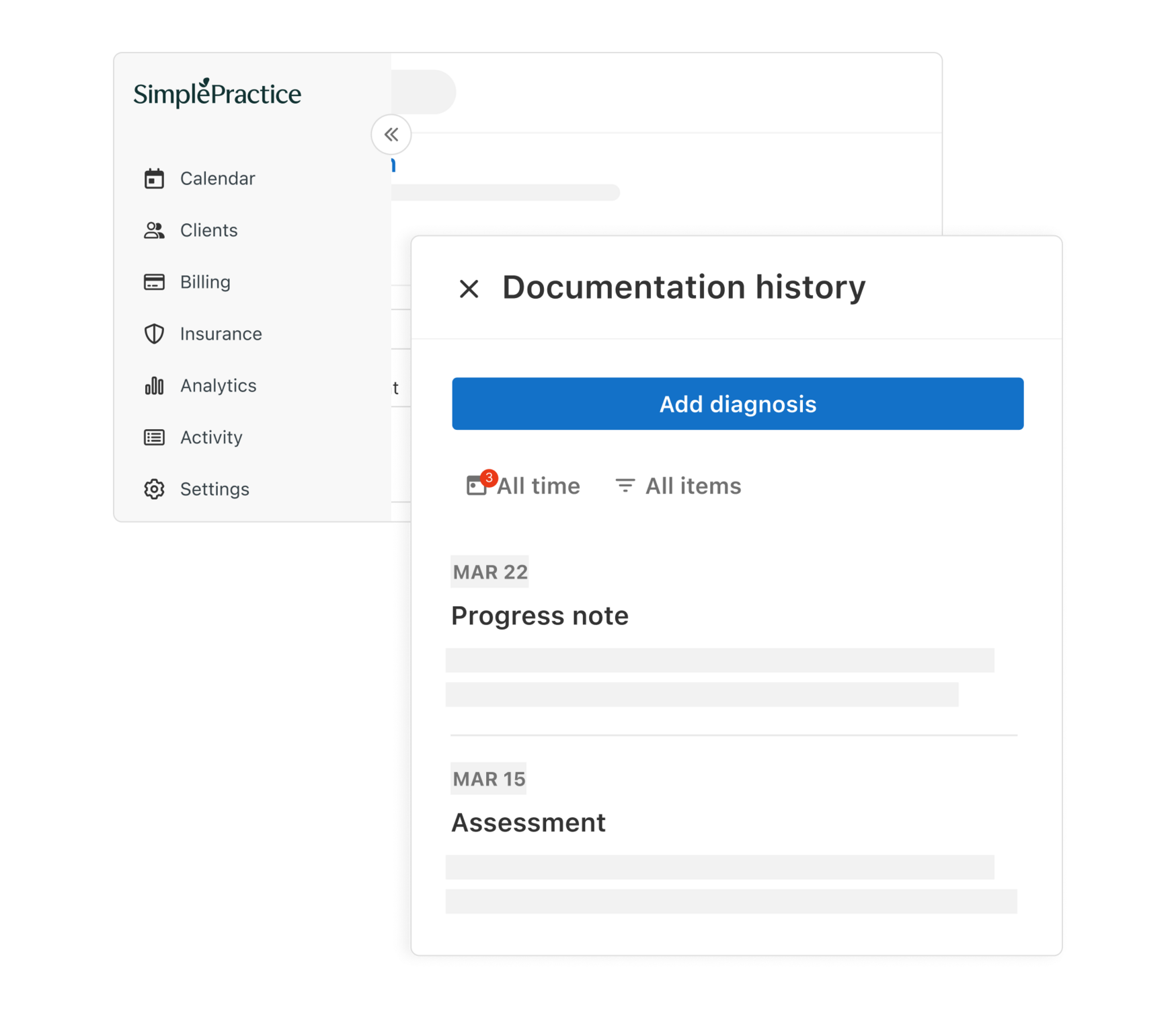 Screenshot of documentation history feature in SimplePractice