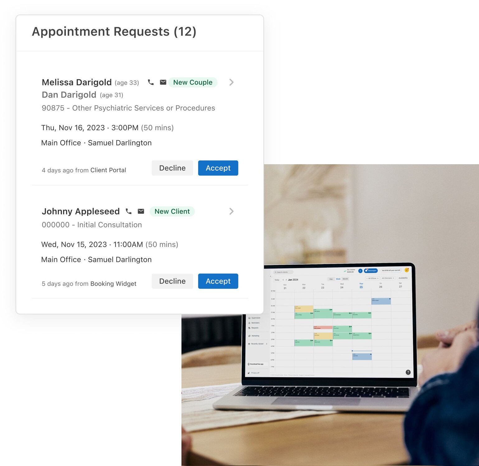 Image of SimplePractice calendar on laptop, overlaid with graphic of Appointment Requests feature