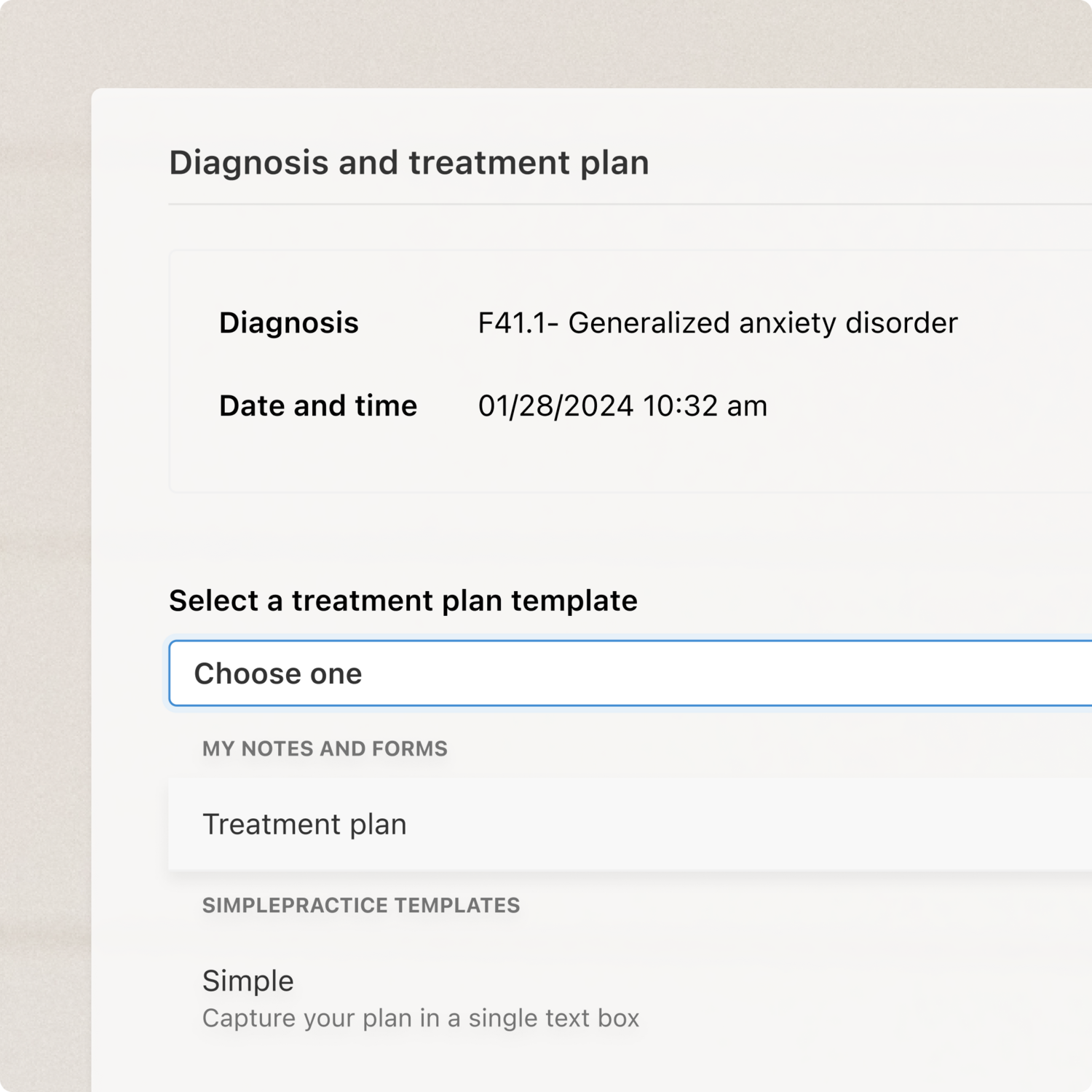 screenshot of simplepractice disgnosis and treatment plan 