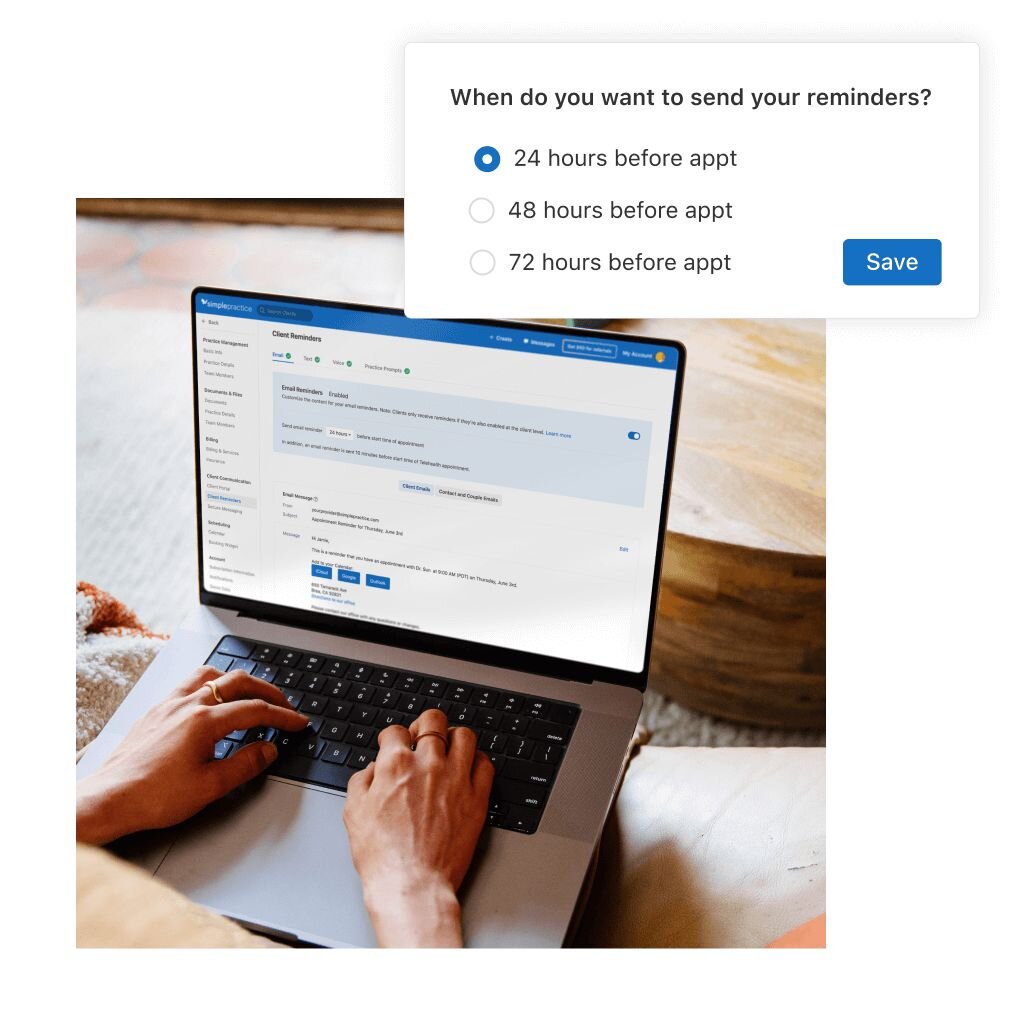 Clinician setting appointment reminders on SimplePractice