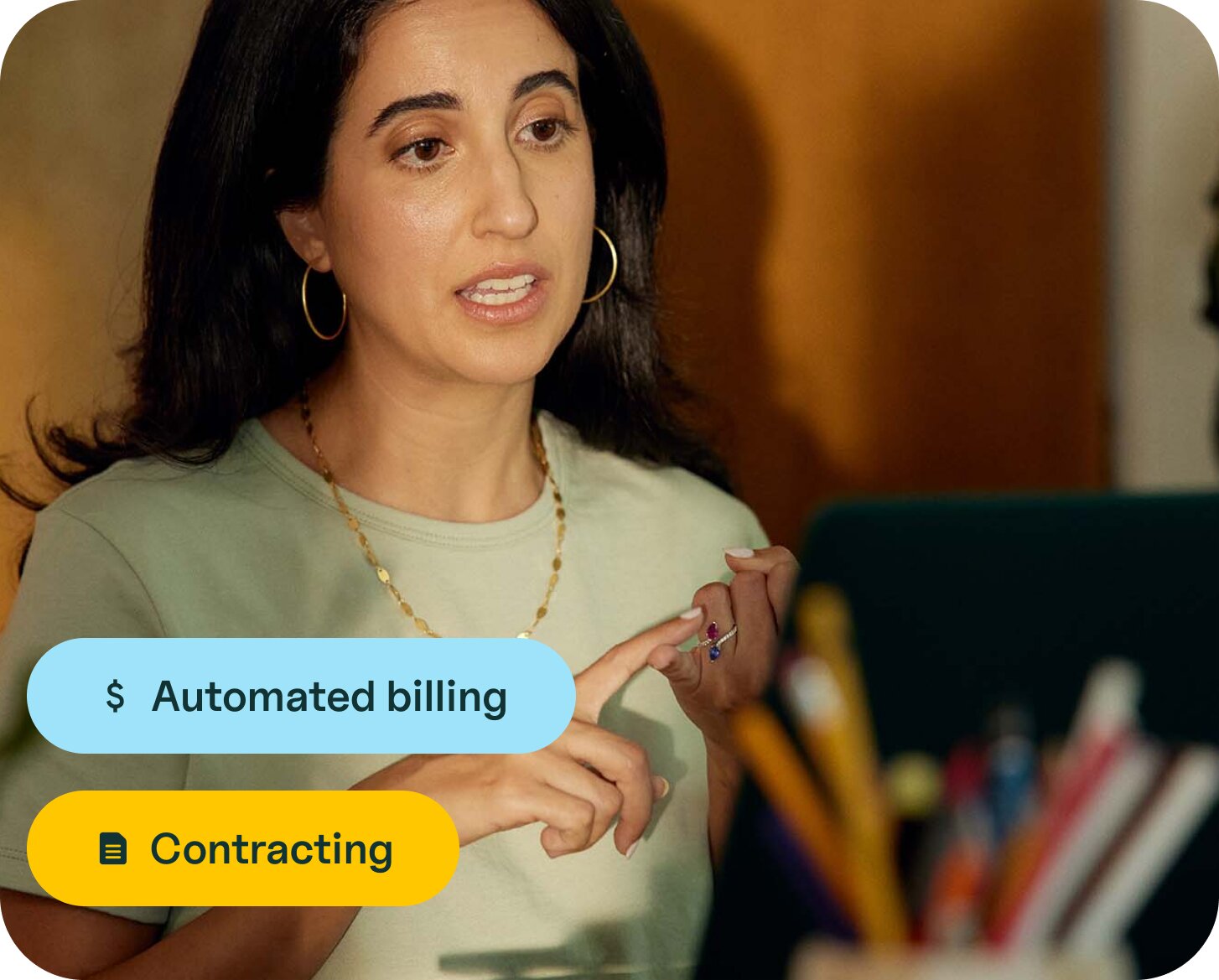 woman talking in a therapy session with text overlays that state "Automated billing" and "Contracting"