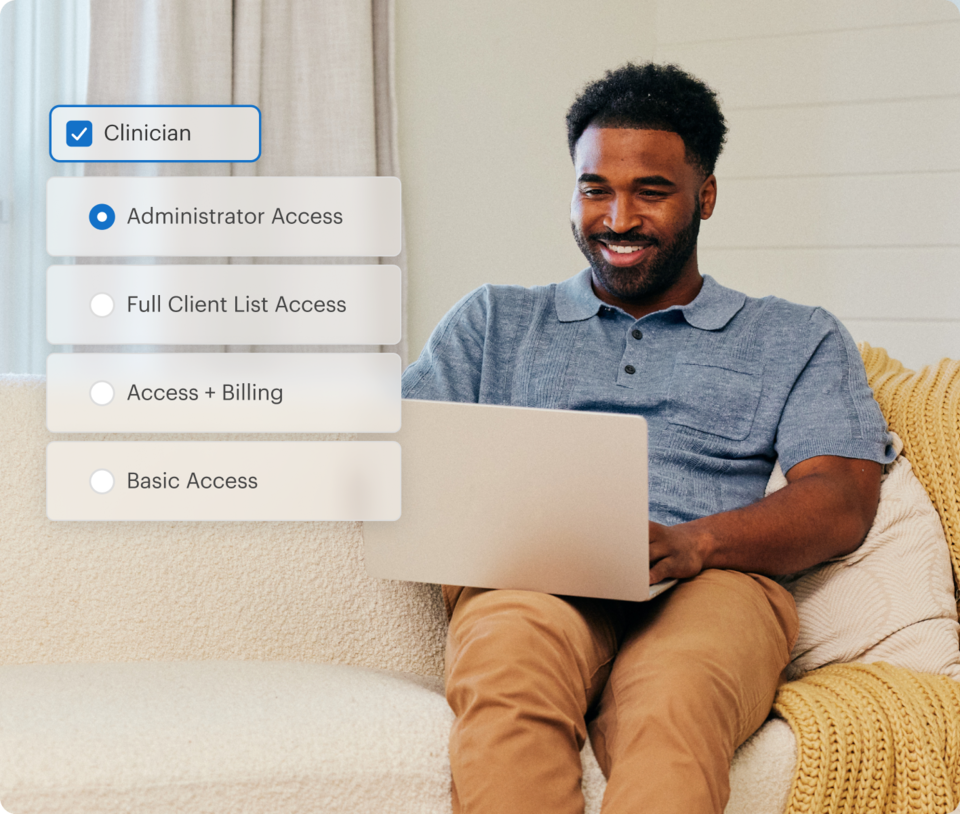 practitioner sitting on a couch using simplepractice on a laptop, adding a new clinician with admin access