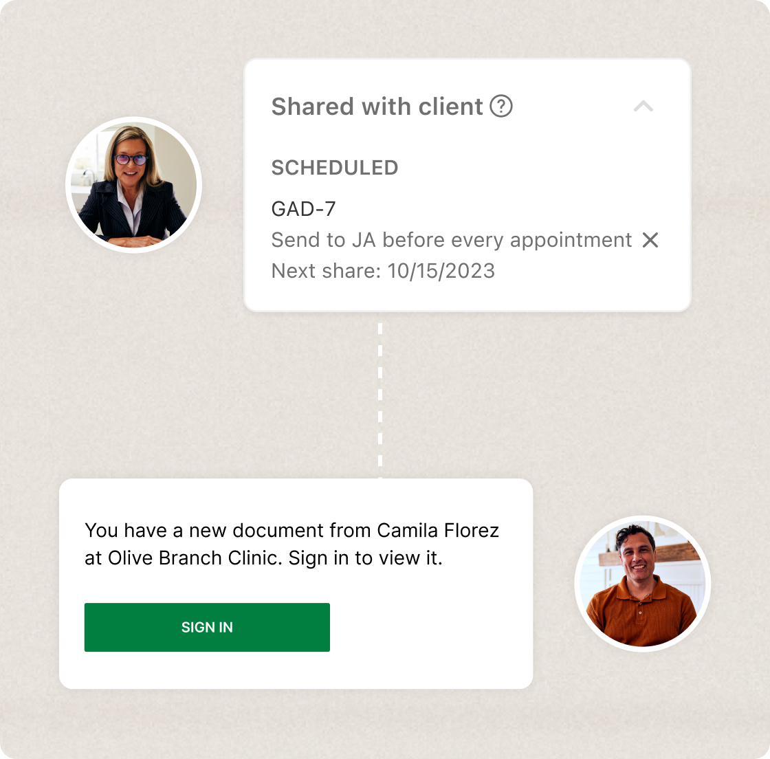 Graphic of clinician sharing document with client