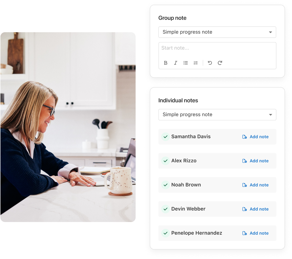 Woman sitting at a table using a computer. Flyout shows that she is writing a Simple progress note for  a group appointment